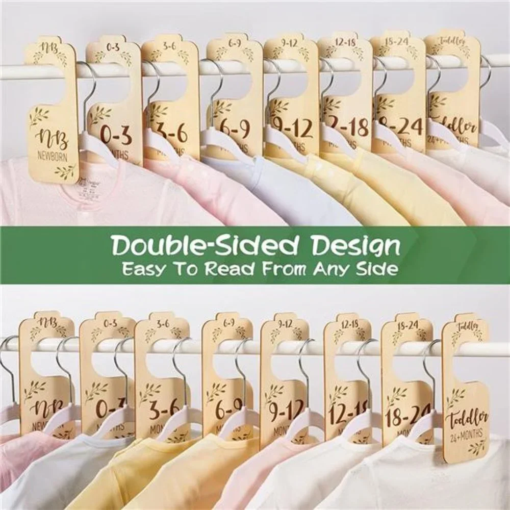 Set of 8 Beautiful Wooden Double-Sided Baby Clothes Size Hanger Organizer